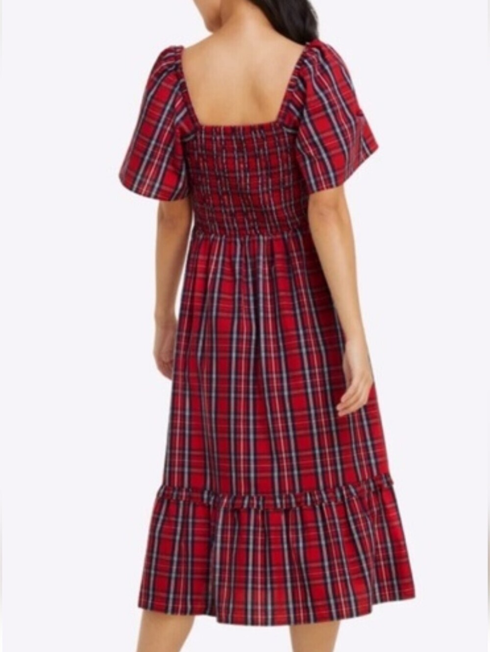 DRAPR JAMES Red Plaid Smocked Midi Dress  Size L - Picture 2 of 12